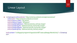 Linear Layout
 <LinearLayout xmlns:android="http://schemas.android.com/apk/res/android"
xmlns:tools="http://schemas.android.com/tools"
android:layout_width=“fill_parent"
android:layout_height=“fill_parent"
android:paddingBottom="@dimen/activity_vertical_margin"
android:paddingLeft="@dimen/activity_horizontal_margin"
android:paddingRight="@dimen/activity_horizontal_margin"
android:paddingTop="@dimen/activity_vertical_margin"
tools:context="in.blogspot.programmingssolution007.www.sqliteapp.MainActivity"></LinearLay
out>
13
 