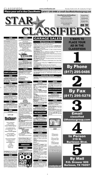 Place your ad in the Classifieds! Call 817-295-0486 or email classified@thestargroup.com
STAR
CLASSIFIEDS
Classified Line Ad Deadlines
Burleson Star Sunday
Deadline 4:30 p.m. Thursday
Wednesday/Thursday Editions
Alvarado Star • Burleson Star
Crowley Star • Joshua Star • Keene Star
Deadline 4:30 p.m. Monday
Burleson Sunday Real Estate
Display Deadline
Noon Wednesday
(Deadlines subject to change due to holiday closings.)
Private Party
15 Words - $1480
Commercial
10 Words - $2100
Garage Sales
12 Words - $17 50
NewsNews
SportsSports
VideosVideos
ClassiﬁedsClassiﬁeds
ObituariesObituaries
crowleystar.net
4
3
2
1
5
By Phone
(817) 295-0486
By Fax
(817) 295-5278
Email
classiﬁed
@thestargroup.com
In Person
319 N.
Burleson Blvd.
By Mail
P.O. Drawer 909
Burleson, TX 76097
5 WAYS TO
PLACE YOUR
AD IN THE
CLASSIFIEDS
CLASSIFIEDS www.crowleystar.net Thursday, October 9, 2014 ★ Crowley Star ★ Page 9
&&
PLEASE
DOYOUR
PART
RECYCLE
PUBLIC NOTICES
150
StarGroupMediamakeseveryattempt
toensurethatretailandclassifiedadver-
tising is published in its newspapers and
onthewebwithouterrorsandomissions
in content and scheduling. The Group
acknowledgeserrorsandomissionsinre-
tail and classified advertising for a single
insertion, and will make good on the
advertising order in the next edition of
itsprintedproductsorwithin24hourson
its websites. The publisher may extend
a credit to the customer as appropriate
to circumstances. Advertising partners
mustnotify the advertisingdepartment
oferrorsandomissionspriortoasecond
scheduled publication. Credit is not ap-
propriate for ads containing errors and
omissions beyond the first publication
date. Advertising partners may request
proofs of scheduled ads via e-mail and
fax. Star Group Media is not responsible
for errors and omissions when the cus-
tomer fails to respond to proofs prior
to deadline. Star Group Media does not
indemnifyadvertisersandisnotliablefor
lossesexceedingthematerialvalueofthe
advertisingcharged.Thepublisherisnot
responsibleforclaimsorcontentmadein
advertisements.Readersareencouraged
to exercise caution as appropriate and
to report any patently false advertising
to the publisher. Please check with the
publisher or advertising manager for
questions regarding this disclaimer by
calling 817.295.0486.
ASSISTED LIVING hiring ex-
perienced caregivers. PT/
FT all shifts. $9.65/Hour.
817.523.1915
EMPLOYMENT
CHILD/ELDERLY CARE
550
Full Time Production Assis-
tant for Cabinet Shop locatd
in South Fort Worth, Texas.
Experience working in prior
cabinet business preferred.
Contact 817.293.3795 or
lemonscabinets@hotmail.com.
CONSTRUCTION
600
Customer Service: FT, Data
entry&phones.Applyinperson:
4017 Cross Timber Road, Burle-
son or call 817.295.5900.
CUSTOMER SERVICE
650
Wanted PT Cook at Spice Rack
Bar & Grill, 133 S. Wilson Street/
Burleson, experience required.
Must apply in person. Ask for
Katy or Mark.
FOOD SERVICE
850
FrontDeskManager.Pleasecall
817.783.2900 for information.
Experience preferred. Alvarado.
GENERAL
900
Industrial processor located in
Crowley, TX is in need of an ex-
perienced Maintenance Tech.
Must be familiar with some or
all of the following: Motors,
pneumatics, hydraulics, con-
veyors,furnacesandfabrication.
Full time position with benefits.
Overtime required. Please re-
spond to dwmc58@gmail.com.
INDUSTRIAL/MECHANICAL
950
Now Hiring!
Sun Loan and Tax Service is
seeking a Branch Manager for
the location in Cleburne, TX.
We offer Salary + Bonus, Auto
Allowance, Paid on the Job
Training, Health Insurance,
Paid Time Off
and much more.
No experience required.
APPLY TODAY at www.sunloan.
com
MANAGEMENT
1050
17484
DEPUTY MUNICIPAL
COURT CLERK
$13.60 - $17.00/hr.
Closes 10/20/2014 @ 5pm
CITY ADMINISTRATIVE
COORDINATOR PART-TIME
$10.15/hr.
Closes 10/13/2014 @ 5pm
PLANS EXAMINER
$22.14 - $27.68/hr. DOQ
Open Until Filled
APPLICATION REQUIRED
Application & Details
Available on
www.burlesontx.com
or @
City Hall
141 W Renfro
Burleson, TX
76028; EOE
CITY OF
Wanted: Sonographer-Eko-
cardiologist/Vascular Ultra-
sound technician for estab-
lishedcardiologistopeningnew
practiceinJoshua.Sendresume
to: nsharma9@aol.com.
MEDICAL
1150
School Bus Drivers needed
Avg. 20 hrs./wk. $11.20/hr.
Apply online www.alvaradoisd.
net.
Local Firm Hiring
Experienced Seasonal
Tax Preparers
E-mail Resume:
aallen@couchandrussell.com
PART TIME/TEMPORARY
1250
TRUCK DRIVERS
1550
GARAGE SALES
Burleson Area
Crowley Area
Joshua Area
Huge Annual Bent Tree Neighborhood Garage Sale! Saturday,
October 11th. East on Renfro 5 miles off I35.
1008RollingMeadowsDrive.Friday-Saturday,8-4.MOVINGSALE!
HUGE Studio C. Dance Founders Day Sale! 120 N.W. Newton.
Saturday, 8-5, multi-family.
228 Roland St., Friday-Saturday, 7-5. Rain or shine! Furniture,
household & more!
2805 Windsor Oaks Ln., Cleburne, TX 76031. 8-? Huge multi-
family sale! Raising money for cancer treatment.
108SunnyMeadows/off N.W. Renfro, 76028,Thursday-Saturday.
Vacuums, fans, much more!
816LisaStreet, Saturday, 8-5. Multi-family. Just moved, downsiz-
ing. Misc. household, more.
625 Pleasant Valley Drive, Thursday-Saturday. Tools, furniture,
lots of misc. Good stuff!
833 Belaire Drive, Saturday, 8-4. Multi-family: misc. items. Rain
or Shine!
1050 Georgia Ave., Friday only, 7-? HUGE Multi-family! Furniture
and much more!
813 Vaughn Drive, Saturday only. Lots of bargains!
108HeightsSt.,Thursday-Friday,8-6.Toys,music,clothes,house-
hold items.
Horse Creek Farms sub-division off FM731(Crowley Road) &
CR1016 is hosting a community garage sale October 10-11, 8-5.
557 Riverbed, Saturday, 8-2. Multi-family, furniture, small ap-
pliances, etc.
116 Wilson Lane, Saturday only, 8:30-3. No presales. LIVING ES-
TATE SALE: antiques, vintage items, electronics, clothing, books,
toys & more.
Drivers:BTC Needs CDL-A Driv-
ers for Dallas Regional Runs.
Drivers with Flatbed Experiece
can earn $.50 per mile. (or
choose 29% of the load.) Home
Every Weekend + 1-2 Times/
Week. Join BTC Now and Earn
More! $3000 Sign on Bonus!
Assigned Equipment! Perfor-
mace Bonuses! Requirements:
Class A CDL, OTR Experience,
TWIC Card (or able to obtain
within 30 days). Start Now!
Call 1.800.238.6803 Or apply at
www.drivebtc.com.
DRIVERS
Now Hiring
Part-time
SCHOOL BUS DRIVERS
No experience necessary, we
train!
Equal Ooy$500 sign-on Bo-
nus*
At First Student, our Bus Drivers
are an integral part of the com-
munities they serve. They are
committed to safety, customer
service and have genuine, car-
ing attitudes for children.
We are your friends, family, and
neighbors!
First Student proudly offers:
•Competitive Hourly Wages
• Free Training leading to a
Commercial Driver’s License
(CDL)
•No nights, weekends or holi-
days required
To qualify, you must be at least
21 years of age, possess a valid
driver’s license, a safe driving
record and be able to pass a
background check and drug
test.
To apply, please contact Trish
Smothers at:
FIRST STUDENT
817-556-0412
601 Plum St.
Joshua, TX 76058
*ConditionsApply.ContactLoca-
tion for Details.
Equal Opportunity Employer
Handyman R-A-H. Any repairs.
817.487.1120
SERVICES
HANDYMAN
2200
Professional Clean-up Ser-
vices
•All Types of Clean-ups/Haul-
offs: House Clean-ups, Land
Clean-ups
•Trees and Shrubs
•All types of Debris Removal:
Tear Down Old Barns, Sheds,
Old Houses, Clean Out Garages,
Attics
•Fencing
•We Remove Hot-Tubs, Furni-
ture, All Types of Appliances
•Mowing/any kind
•We also have a moving com-
pany that can assist.
Dependable & Honest! Free
estimates.
Nojobtoolargeorsmall.SOYOU
CALL, WE HAUL! 817.202.9662
ucallwehaulcleanup.com
HAULING
2250
Pruitt’s Painting & Drywall -
Interior/ Ext. 817.714.1656.
REMODEL/REPAIR
2600
Drivers/Owner Ops! Local
work! Home Daily, Benefits!
CDL-A, 1 yr. Exp, Great Driving
Record. Sunsetlogistics.com
817.589.1455 or 888.215.4285
2013 Ninja ZX-14R-ABS Motor-
cycle,1300miles,excellentcon-
dition. $10,000. 806.392.1073
RECREATION
MOTORCYCLES
5250
Large1&2bedroom.Greatloca-
tion!$500to$650.817.295.6156
REAL ESTATE/RENT
APARTMENTS/RENT
6200
4/2/2 BISD, $1100 month/$900
deposit. No pets. 817.845.7828
•Itasca, 6/2 $800 month/$500
deposit.
•Cleburne,4/4/2Brickon5acres,
nice area, $1550 month/$1000
deposit.
817.517.4415
Beautiful 3/2 duplex, lawn
service provided, quiet neigh-
borhood. $975 month/$975
deposit. 817.480.9839
Alvarado: Nice 2/1 fenced
backyard. $600/month, $500/
deposit. 817.301.2577
UPDATED large 2-1.5 Josh-
ua townhome, 405 McMillain,
$650. Includes washer & dryer.
No pets. 817.295.3157 www.
moorerents.com
3/2/1 Duplex, 942 Irene/
Burleson. $795 month. MPI
817.483.8900
HOUSES/DUPLEX/ROOMS/RENT
6400
SUPER NICE 3/2. Beautiful,
spacious interiors, over 1200
sq. ft., only $695-795. No pets.
Burleson. 817.287.8919
MOBILE HOMES/RENT
6500
2/2, C/H&A. $625 month/$350
deposit. No smoking/No pets.
817.295.3011
MOBILE PARKS/RENT
6600
NEAR CHISHOLM PKWY.
3-2 Home on 1/2 acre. Easy
Credit. $992 mo. 817.457.2402
M-F.
REAL ESTATE/SALE
HOUSES/SALE
7200
Good DW on 17 acres west of
Cleburne. 817.558.0360
Lenders offering 0 down if you
own your land. 817.783.5202
RBI35405 WAC
REPO’S, REPO’S! Home only
or land/homes, 3, 4 and 5 bed-
rooms. 817.783.5200 RBI35405
Relocated, must sell, 4x2 on 1
acre, Johnson Co. 817.783.5203
RBI35405
MOBILE HOMES/SALE
7400
 