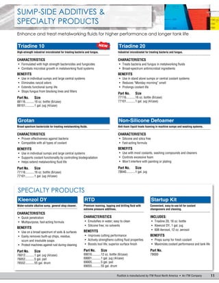 11Rustlick is manufactured by ITW Rocol North America  An ITW Company
Sump-Side Additives &
Specialty Products
Enhance and treat metalworking fluids for higher performance and longer tank life
Triadine 10
High-strength industrial microbiostat for treating bacteria and fungus.
.......................................................................................................
Characteristics
•	 Formulated with high strength bactericides and fungicides
•	 Combats microbial growth in metalworking fluid systems
Benefits
•	 Use in individual sumps and large central systems
•	 Eliminates rancid odors
•	 Extends functional sump life
•	 Stops fungus from blocking lines and filters
Part No.	Size
88116...........16 oz. bottle (6/case)
88101...........1 gal. jug (4/case)
RTD
Premium reaming, tapping and drilling fluid with
extreme pressure additives.
...................................................................
Characteristics
•	 Emulsifies in water; easy to clean
•	 Silicone free; no solvents
Benefits
•	 Improves cutting performance
•	 Actively strengthens cutting fluid properties
•	 Boosts tool life; superior surface finish
Part No.	Size
69016...........12 oz. bottle (6/case)
69001...........1 gal. jug (4/case)
69005...........5 gal. pail
69055...........55 gal. drum
Kleenzol DY
Water-soluble alkaline sump, general shop cleaner.
...................................................................
Characteristics
•	 Quick penetration
•	 Multipurpose, fast-acting formula
Benefits
•	 Use on a broad spectrum of soils & surfaces
•	 Easily removes built-up chips, residue,
scum and insoluble soaps
•	 Protect machines against rust during cleaning
Part No.	Size
76012...........1 gal. jug (4/case)
76052...........5 gal. pail
76552...........55 gal. drum
Startup Kit
Convenient, easy-to-use kit for coolant
changeovers and cleaning.
...................................................................
Includes:
•	 Triadine 20, 16 oz. bottle
•	 Kleenzol DY, 1 gal. jug
•	 606 Aerosol, 12 oz. aerosol
Benefits
•	 Preps sump for fresh coolant
•	 Maximizes coolant performance and tank life
Part No.
78000
Non-Silicone Defoamer
Anti-foam liquid treats foaming in machine sumps and washing systems.
.......................................................................................................
Characteristics
•	 Silicone and silica free
•	 Fast-acting formula
Benefits
•	 Use with most coolants, washing compounds and cleaners
•	 Controls excessive foam
•	 Won’t interfere with painting or plating
Part No.	Size
78640...........1 gal. jug
Triadine 20
Industrial microbiostat for treating bacteria and fungus.
.......................................................................................................
Characteristics
•	 Treats bacteria and fungus in metalworking fluids
•	 Broad-spectrum antimicrobial ingredients
Benefits
•	 Use in stand alone sumps or central coolant systems
•	 Reduces “Monday morning” smell
•	 Prolongs coolant life
Part No.	Size
77116...........16 oz. bottle (6/case)
77101...........1 gal. jug (4/case)
Specialty Products
Grotan
Broad spectrum bactericide for treating metalworking fluids.
.......................................................................................................
Characteristics
•	 Proven effectiveness against bacteria
•	 Compatible with all types of coolant
Benefits
•	 Use in individual sumps and large central systems
•	 Supports coolant functionality by controlling biodegradation
•	 Helps extend metalworking fluid life
Part No.	Size
77116...........16 oz. bottle (6/case)
77101...........1 gal. jug (4/case)
NEW
 
