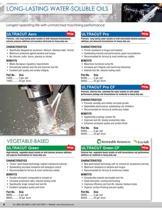 4 Tel: (800) 452-5823 or (847) 657-5343  Website: www.itwrocolna.com
ULTRACUT Pro
Premium, long-lasting water-soluble oil with chlorinated extreme pressure
additives and advanced bioresistance for heavy-duty use.
.......................................................................................................
Characteristics
•	 Proven resistance to fungus and bacteria
•	 Outstanding lubricity and performance; great rust protection
•	 Recommended for ferrous & most nonferrous metals
Benefits
•	 Maximizes functional sump life
•	 Increases part integrity and machining tolerances
•	 Extends tool life; reduces tooling costs
Part No.	Size
84405...........5 gal. pail
84455...........55 gal. drum
ULTRACUT Aero
Premium, ultra long-lasting water-soluble oil with advanced bioresistance,
extreme pressure additives and boundary lubricants for heavy-duty use.
.......................................................................................................
Characteristics
•	 Specifically designed for aluminum, titanium, stainless steel, Inconel
•	 Maximum protection against bacteria and fungus
•	 No chlorine, sulfur, boron, phenols or nitrites
Benefits
•	 Meets Aerospace regulatory requirements
•	 Dramatically extends tank life and improves tool life
•	 Excellent part quality and surface integrity
Part No.	Size
74405...........5 gal. pail
74455...........55 gal. drum
ULTRACUT Green
High-lubricity, vegetable-based soluble oil with extreme pressure additives
and superior bioresistance for heavy-duty use.
.......................................................................................................
Characteristics
•	 “Green” plant-based technology; highest mechanical lubricity
•	 Outstanding microbial resistance and biological control
•	 Recommended for ferrous & most nonferrous metals
Benefits
•	 Durable lubrication comparable to straight oil
•	 Increases production rates; reduces tooling costs
•	 Significantly longer coolant and tool life
•	 Excellent workpiece quality and finish
Part No.	Size
86605...........5 gal. pail
86655...........55 gal. drum
ULTRACUT Green CF
Chlorine free, vegetable-based soluble oil with bioresistance and performance
additives for moderate to heavy-duty use.
.......................................................................................................
Characteristics
•	 New plant-based technology with no mineral oil; exceptional lubricity
•	 Maximum resistance to bacteria and fungus
•	 Recommended for ferrous & nonferrous metals
Benefits
•	 Considerably extends serviceable tank life
•	 Great lubrication, cooling and flushing
•	 Improves efficiency and tool life; reduces residual stress
•	 Superior surface finishing and part quality
Part No.	Size
85505...........5 gal. pail
85555...........55 gal. drum
ULTRACUT Pro CF
Premium, chlorine free, extended-life water-soluble oil with added
performance package and bioresistance for moderate to heavy-duty use.
.......................................................................................................
Characteristics
•	 Prevents rancidity and inhibits microbial growth
•	 Dependable performance; outstanding rust inhibitors
•	 Recommended for ferrous & nonferrous metals
Benefits
•	 Significantly prolongs coolant life
•	 Improves tool life; boosts productivity rates
•	 Enhances workpiece quality and surface finish
Part No.	Size
83305...........5 gal. pail
83355...........55 gal. drum
Long-Lasting Water-Soluble Oils
Longest operating life with unmatched machining performance
Vegetable-Based
NEW
NEWNEW
NEW
NEW
 
