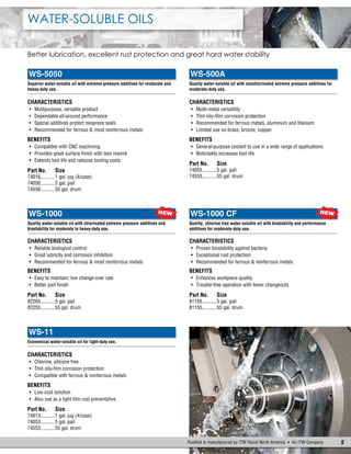 5Rustlick is manufactured by ITW Rocol North America  An ITW Company
WS-1000
Quality water-soluble oil with chlorinated extreme pressure additives and
biostability for moderate to heavy-duty use.
.......................................................................................................
Characteristics
•	 Reliable biological control
•	 Great lubricity and corrosion inhibition
•	 Recommended for ferrous & most nonferrous metals
Benefits
•	 Easy to maintain; low change-over rate
•	 Better part finish
Part No.	Size
82205...........5 gal. pail
82255...........55 gal. drum
WS-500A
Quality water-soluble oil with nonchlorinated extreme pressure additives for
moderate-duty use.
.......................................................................................................
Characteristics
•	 Multi-metal versatility
•	 Thin oily-film corrosion protection
•	 Recommended for ferrous metals, aluminum and titanium
•	 Limited use on brass, bronze, copper
Benefits
•	 General-purpose coolant to use in a wide range of applications
•	 Noticeably increases tool life
Part No.	Size
74055...........5 gal. pail
74555...........55 gal. drum
WS-5050
Superior water-soluble oil with extreme pressure additives for moderate and
heavy-duty use.
.......................................................................................................
Characteristics
•	 Multipurpose, versatile product
•	 Dependable all-around performance
•	 Special additives protect neoprene seals
•	 Recommended for ferrous & most nonferrous metals
Benefits
•	 Compatible with CNC machining
•	 Provides great surface finish with less rework
•	 Extends tool life and reduces tooling costs
Part No.	Size
74016...........1 gal. jug (4/case)
74056...........5 gal. pail
74556...........55 gal. drum
WS-1000 CF
Quality, chlorine free water-soluble oil with biostability and performance
additives for moderate-duty use.
.......................................................................................................
Characteristics
•	 Proven biostability against bacteria
•	 Exceptional rust protection
•	 Recommended for ferrous & nonferrous metals
Benefits
•	 Enhances workpiece quality
•	 Trouble-free operation with fewer changeouts
Part No.	Size
81105...........5 gal. pail
81155...........55 gal. drum
Water-Soluble Oils
Better lubrication, excellent rust protection and great hard water stability
WS-11
Economical water-soluble oil for light-duty use.
.......................................................................................................
Characteristics
•	 Chlorine, silicone free
•	 Thin oily-film corrosion protection
•	 Compatible with ferrous & nonferrous metals
Benefits
•	 Low cost solution
•	 Also use as a light film rust preventative
Part No.	Size
74013...........1 gal. jug (4/case)
74053...........5 gal. pail
74553...........55 gal. drum
NEW NEW
 