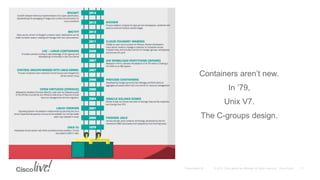 Containers aren’t new.
In ’79,
Unix V7.
The C-groups design.
 