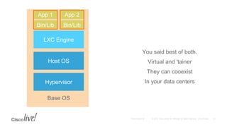 You said best of both.
Virtual and 'tainer
They can cooexist
In your data centers
Host OS
LXC Engine
App 1 App 2
Bin/Lib Bin/Lib
Hypervisor
Base OS
 