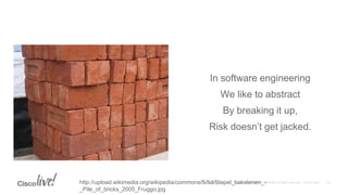 In software engineering
We like to abstract
By breaking it up,
Risk doesn’t get jacked.
http://upload.wikimedia.org/wikipedia/commons/5/5d/Stapel_bakstenen_-
_Pile_of_bricks_2005_Fruggo.jpg
 