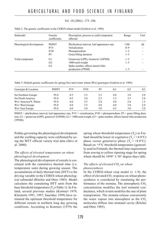 179
A G R I C U L T U R A L A N D F O O D S C I E N C E I N F I N L A N D
Vol. 10 (2001): 175–196.
Polkka governing the phenological development
and the yielding capacity were calibrated by us-
ing the MTT official variety trial data (Järvi et
al. 2000).
The effects of elevated temperature on wheat
phenological development
The phenological development of cereals is cor-
related with the cumulative thermal time (i.e.
temperature sum) during growing season. The
accumulation of daily thermal time (DTT) is the
driving variable in the CERES-wheat phenolog-
ical submodel (Ritchie and Otter 1985). Model
calculates the cumulating DTT units from the
base threshold temperature (Tb
) (Table 1). In Fin-
land, several previous studies (Kontturi 1979,
Kleemola 1991, 1997, Saarikko 1999) have es-
timated the optimum threshold temperature for
different cereals in northern long day growing
conditions. According to Kontturi (1979) the
spring wheat threshold temperature (Tb
) in Fin-
land should be lower in vegetative (Tb
= +4.0°C)
phase versus generative phase (Tb
= +8.0°C).
Based on +5°C threshold temperature (general-
ly used in Finland), the thermal time requirement
from sowing to yellow ripening stage for spring
wheat should be 1050° ± 30° degree-days (dd).
The effects of elevated CO2
on wheat
photosynthesis
In the CERES-wheat crop model (v. 1.9), the
effect of elevated CO2
response on wheat photo-
synthesis is considered by simulating the per-
formance of the stomata. The atmospheric CO2
concentration modifies the leaf stomatal con-
ductance, which in turn modifies the rate of plant
transpiration. The stomata release concurrently
the water vapour into atmosphere as the CO2
molecules diffuse into stomatal cavity (Ritchie
and Otter 1985).
Table 2. The genetic coefficients in the CERES-wheat model (Godwin et al. 1989).
Submodel Genetic Description, process or yield component Range Unit
coefficients affected
Phenological development PHINT Phyllochron interval, leaf appearance rate <100 dd
P1V Vernalization 0–9 –
P1D Photoperiodism 1–5 –
P5 Grain filling duration 1–5 –
Yield component G1 Grains/ear (GPP), Grains/m2
(GPSM) 1–5 –
G2 1000-seed weight 1–5 –
G3 Spike number, affects lateral tiller
production (TPSM) 1–5 –
Table 3. Default genetic coefficients for spring (Sw) and winter wheat (Ww) genotypes (Godwin et al. 1989).
Genotype & Location PHINT P1V P1D P5 G1 G2 G3
Sw/Northern Europe 95.0 0.5 3.5 2.5 4.0 3.0 2.0
Sw/North America 95.0 0.5 3.0 2.5 3.5 3.5 2.0
Ww/ America/N. Plains 95.0 6.0 2.5 2.0 4.0 2.0 1.5
Ww/ West Europe 95.0 6.0 3.5 4.0 4.0 3.0 2.0
Ww/ East Europe 95.0 6.0 3.0 5.0 4.5 3.0 2.0
PHINT = phyllochron interval, leaf appearance rate, P1V = vernalization, P1D = photoperiodism, P5 = grain filling dura-
tion, G1 = grains/ear (GPP), grains/m2
(GPSM), G2 = 1000-seed weight, G3 = spike number, affects lateral tiller production
(TPSM).
 