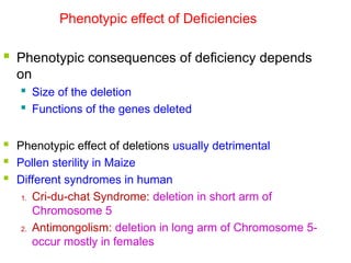  Phenotypic consequences of deficiency depends
on
 Size of the deletion
 Functions of the genes deleted
 Phenotypic effect of deletions usually detrimental
 Pollen sterility in Maize
 Different syndromes in human
1. Cri-du-chat Syndrome: deletion in short arm of
Chromosome 5
2. Antimongolism: deletion in long arm of Chromosome 5-
occur mostly in females
Phenotypic effect of Deficiencies
 