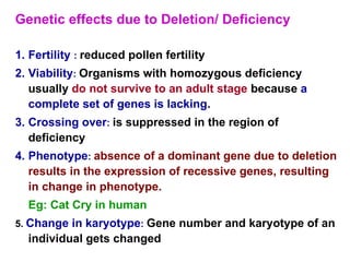 Genetic effects due to Deletion/ Deficiency
1. Fertility : reduced pollen fertility
2. Viability: Organisms with homozygous deficiency
usually do not survive to an adult stage because a
complete set of genes is lacking.
3. Crossing over: is suppressed in the region of
deficiency
4. Phenotype: absence of a dominant gene due to deletion
results in the expression of recessive genes, resulting
in change in phenotype.
Eg: Cat Cry in human
5. Change in karyotype: Gene number and karyotype of an
individual gets changed
 