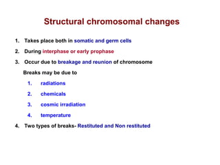 1. Takes place both in somatic and germ cells
2. During interphase or early prophase
3. Occur due to breakage and reunion of chromosome
Breaks may be due to
1. radiations
2. chemicals
3. cosmic irradiation
4. temperature
4. Two types of breaks- Restituted and Non restituted
Structural chromosomal changes
 