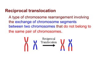 Reciprocal translocation
A type of chromosome rearrangement involving
the exchange of chromosome segments
between two chromosomes that do not belong to
the same pair of chromosomes.
 
