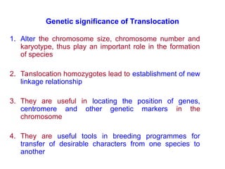 Genetic significance of Translocation
1. Alter the chromosome size, chromosome number and
karyotype, thus play an important role in the formation
of species
2. Tanslocation homozygotes lead to establishment of new
linkage relationship
3. They are useful in locating the position of genes,
centromere and other genetic markers in the
chromosome
4. They are useful tools in breeding programmes for
transfer of desirable characters from one species to
another
 