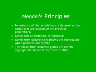 Mendel's  Principles  Inheritance of characteristics are determined by genes that are passed on my previous generations Genes can be dominant or recessive Genes from separate organisms are segregated when gametes are formed The alleles from separate genes are normal segregated independently of each other  