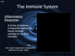 The Immune System Skin ---> the most important nonspecific defense of your body. Yilin Inflammatory Response - 2nd line of defense; nonspecific reaction to tissue damage causing by injury or infection.