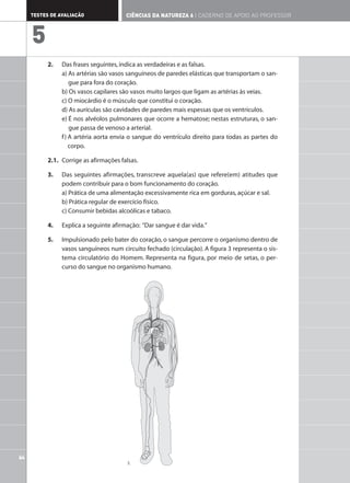 2. Das frases seguintes,indica as verdadeiras e as falsas.
a) As artérias são vasos sanguíneos de paredes elásticas que transportam o san-
gue para fora do coração.
b) Os vasos capilares são vasos muito largos que ligam as artérias às veias.
c) O miocárdio é o músculo que constitui o coração.
d) As aurículas são cavidades de paredes mais espessas que os ventrículos.
e) É nos alvéolos pulmonares que ocorre a hematose; nestas estruturas, o san-
gue passa de venoso a arterial.
f) A artéria aorta envia o sangue do ventrículo direito para todas as partes do
corpo.
2.1. Corrige as afirmações falsas.
3. Das seguintes afirmações, transcreve aquela(as) que refere(em) atitudes que
podem contribuir para o bom funcionamento do coração.
a) Prática de uma alimentação excessivamente rica em gorduras,açúcar e sal.
b) Prática regular de exercício físico.
c) Consumir bebidas alcoólicas e tabaco.
4. Explica a seguinte afirmação: “Dar sangue é dar vida.”
5. Impulsionado pelo bater do coração, o sangue percorre o organismo dentro de
vasos sanguíneos num circuito fechado (circulação). A figura 3 representa o sis-
tema circulatório do Homem. Representa na figura, por meio de setas, o per-
curso do sangue no organismo humano.
64
TESTES DE AVALIAÇÃO CIÊNCIAS DA NATUREZA 6 | CADERNO DE APOIO AO PROFESSOR
5
3.
 