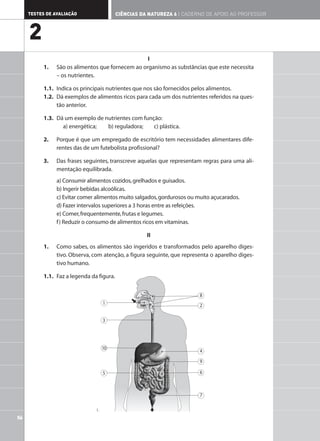 I
1. São os alimentos que fornecem ao organismo as substâncias que este necessita
– os nutrientes.
1.1. Indica os principais nutrientes que nos são fornecidos pelos alimentos.
1.2. Dá exemplos de alimentos ricos para cada um dos nutrientes referidos na ques-
tão anterior.
1.3. Dá um exemplo de nutrientes com função:
a) energética; b) reguladora; c) plástica.
2. Porque é que um empregado de escritório tem necessidades alimentares dife-
rentes das de um futebolista profissional?
3. Das frases seguintes, transcreve aquelas que representam regras para uma ali-
mentação equilibrada.
a) Consumir alimentos cozidos,grelhados e guisados.
b) Ingerir bebidas alcoólicas.
c) Evitar comer alimentos muito salgados,gordurosos ou muito açucarados.
d) Fazer intervalos superiores a 3 horas entre as refeições.
e) Comer,frequentemente,frutas e legumes.
f) Reduzir o consumo de alimentos ricos em vitaminas.
II
1. Como sabes, os alimentos são ingeridos e transformados pelo aparelho diges-
tivo. Observa, com atenção, a figura seguinte, que representa o aparelho diges-
tivo humano.
1.1. Faz a legenda da figura.
56
TESTES DE AVALIAÇÃO CIÊNCIAS DA NATUREZA 6 | CADERNO DE APOIO AO PROFESSOR
2
1 2
8
4
9
6
7
3
10
5
1.
 