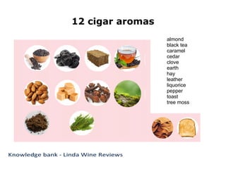 12 cigar aromas
almond
black tea
caramel
cedar
clove
earth
hay
leather
liquorice
pepper
toast
tree moss
 