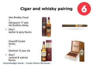 Cigar and whisky pairing
Alec Bradley Coyol
+
Glengoyne 17 year
old Scottish whisky
● Why?
leather & spicy flavors
Graycliff Crystal
Series
+
Glenlivet 15 year old
● Why?
caramel & walnuts
flavors
 