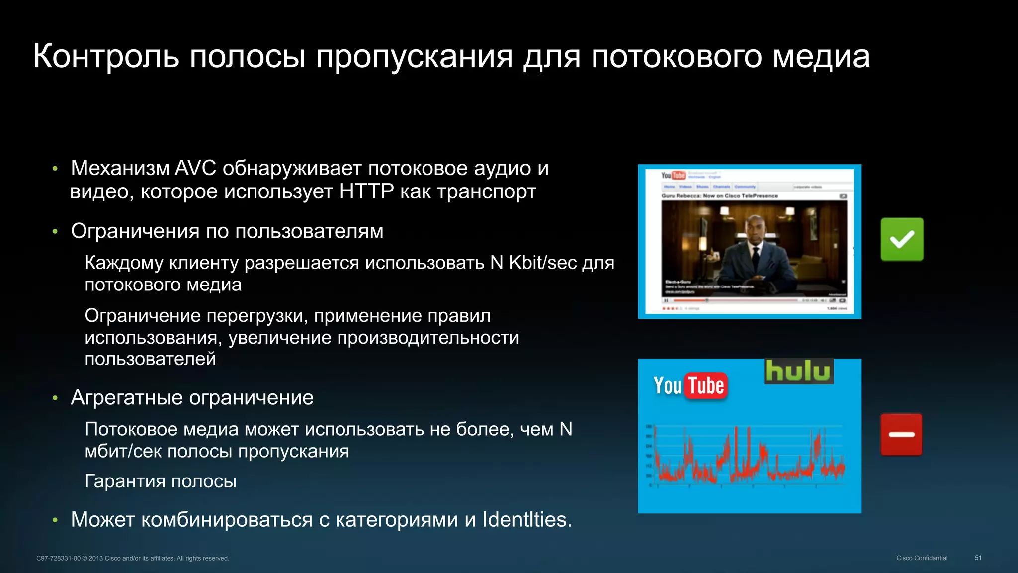 51C97-728331-00 © 2013 Cisco and/or its affiliates. All rights reserved. Cisco Confidential
Контроль полосы пропускания для потокового медиа
•  Механизм AVC обнаруживает потоковое аудио и
видео, которое использует HTTP как транспорт
•  Ограничения по пользователям
Каждому клиенту разрешается использовать N Kbit/sec для
потокового медиа
Ограничение перегрузки, применение правил
использования, увеличение производительности
пользователей
•  Агрегатные ограничение
Потоковое медиа может использовать не более, чем N
мбит/сек полосы пропускания
Гарантия полосы
•  Может комбинироваться с категориями и Identlties.
 