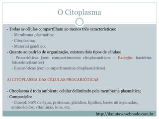 O Citoplasma
- Todas as células compartilham ao menos três características:
- Membrana plasmática;
- Citoplasma;
- Material genético.
- Quanto ao padrão de organização, existem dois tipos de células:
- Procarióticas (sem compartimentos citoplasmáticos – Exceção: bactérias
fotossintetizantes)
- Eucarióticas (com compartimentos citoplasmáticos)
A) CITOPLASMA DAS CÉLULAS PROCARIÓTICAS
- Citoplasma é todo ambiente celular delimitado pela membrana plasmática;
- Composição:
- Citosol: 80% de água, proteínas, glicídios, lipídios, bases nitrogenadas,
aminoácidos, vitaminas, íons, etc.
http://danutaw.webnode.com.br
 