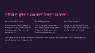 मरीजों से भुगतान प्राप्त करने में सहायता करना
भुगतान विकल्पों की व्याख्या
मरीजों को उपलब्ध सभी भुगतान विकल्पों के बारे
में बताएं, जैसे नकद, कार्ड, ऑनलाइन ट्रांसफर, या
किस्तों में भुगतान। प्रत्येक विकल्प के लाभ और
प्रक्रिया को स्पष्ट करें।
बिल की विस्तृत व्याख्या
मरीजों को उनके बिल के प्रत्येक आइटम की
विस्तृत जानकारी प्रदान करें। किसी भी प्रश्न का
धैर्यपूर्वक उत्तर दें और यदि आवश्यक हो तो
संबंधित विभाग से स्पष्टीकरण प्राप्त करें।
बीमा प्रक्रिया में सहायता
मरीजों को उनके बीमा दावों में सहायता प्रदान
करें। आवश्यक दस्तावेज तैयार करने में मदद करें
और बीमा कंपनी से संपर्क में सहयोग दें।
भुगतान प्रक्रिया को सरल और पारदर्शी बनाना महत्वपूर्ण है। यह मरीजों के तनाव को कम करता है और अस्पताल के वित्तीय प्रबंधन में सहायक होता है। सदैव
सहानुभूति और समझ के साथ इस प्रक्रिया को संभालें।
 