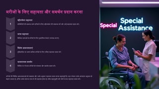 मरीजों के लिए सहायता और समर्थन प्रदान करना
व्हीलचेयर सहायता
मोबिलिटी की समस्या वाले मरीजों के लिए व्हीलचेयर की व्यवस्था करें और उन्हें सहायता प्रदान करें।
भाषा सहायता
विभिन्न भाषाओं के मरीजों के लिए दुभाषिया सेवाएं उपलब्ध कराएं।
विशेष आवश्यकताएं
दृष्टिबाधित या श्रवण बाधित मरीजों के लिए उचित सहायता प्रदान करें।
भावनात्मक समर्थन
चिंतित या परेशान मरीजों को सांत्वना और समर्थन प्रदान करें।
मरीजों की विविध आवश्यकताओं को समझना और उनके अनुसार सहायता प्रदान करना महत्वपूर्ण है। यह न केवल उनके अस्पताल अनुभव को
बेहतर बनाता है, बल्कि उनके स्वास्थ्य लाभ में भी सहायक होता है। सदैव सहानुभूति और धैर्य के साथ सहायता प्रदान करें।
 