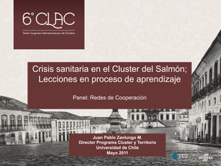 Crisis sanitaria en el Cluster del Salmón;
Lecciones en proceso de aprendizaje
Panel: Redes de Cooperación
Juan Pablo Zanlungo M.
Director Programa Cluster y Territorio
Universidad de Chile
Mayo 2011
 