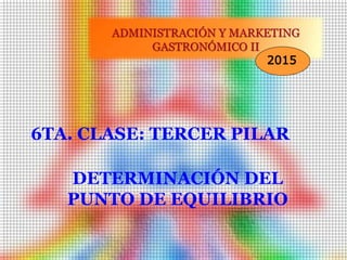 6TA. CLASE: TERCER PILAR
ADMINISTRACIÓN Y MARKETING
GASTRONÓMICO II
2015
DETERMINACIÓN DEL
PUNTO DE EQUILIBRIO
 