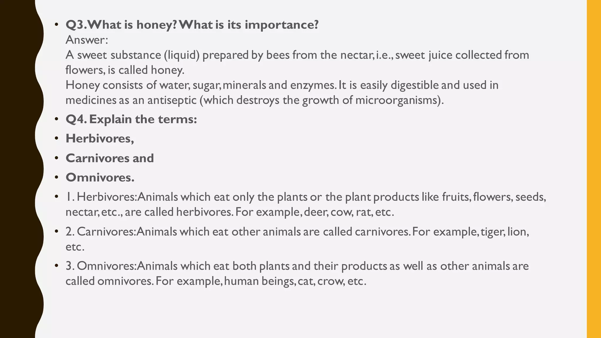 • Q3.What is honey?What is its importance?
Answer:
A sweet substance (liquid) prepared by bees from the nectar,i.e.,sweet juice collected from
flowers, is called honey.
Honey consists of water, sugar,minerals and enzymes.It is easily digestible and used in
medicines as an antiseptic (which destroys the growth of microorganisms).
• Q4.Explain the terms:
• Herbivores,
• Carnivores and
• Omnivores.
• 1. Herbivores:Animals which eat only the plants or the plant products like fruits,flowers, seeds,
nectar,etc., are called herbivores.For example,deer,cow, rat,etc.
• 2. Carnivores:Animals which eat other animals are called carnivores.For example,tiger,lion,
etc.
• 3. Omnivores:Animals which eat both plants and their products as well as other animals are
called omnivores.For example,human beings,cat,crow, etc.
 