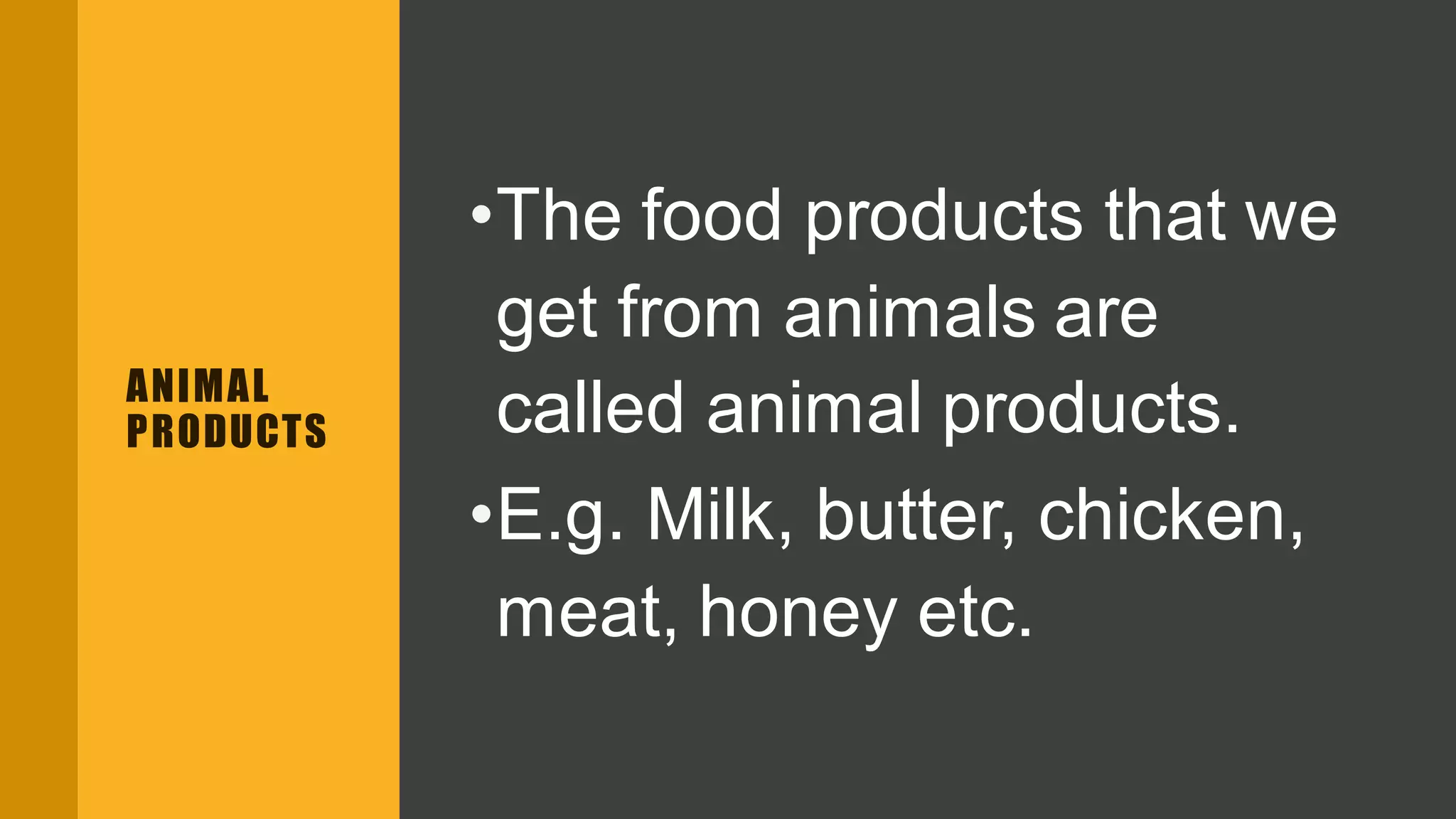 ANIMAL
PRODUCTS
•The food products that we
get from animals are
called animal products.
•E.g. Milk, butter, chicken,
meat, honey etc.
 