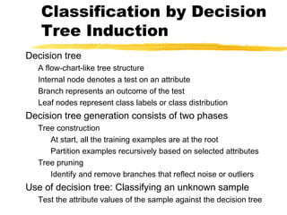 Classification by Decision
Tree Induction
Decision tree
A flow-chart-like tree structure
Internal node denotes a test on an attribute
Branch represents an outcome of the test
Leaf nodes represent class labels or class distribution
Decision tree generation consists of two phases
Tree construction
At start, all the training examples are at the root
Partition examples recursively based on selected attributes
Tree pruning
Identify and remove branches that reflect noise or outliers
Use of decision tree: Classifying an unknown sample
Test the attribute values of the sample against the decision tree
 