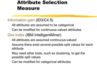 Attribute Selection
Measure
Information gain (ID3/C4.5)
All attributes are assumed to be categorical
Can be modified for continuous-valued attributes
Gini index (IBM IntelligentMiner)
All attributes are assumed continuous-valued
Assume there exist several possible split values for each
attribute
May need other tools, such as clustering, to get the
possible split values
Can be modified for categorical attributes
 