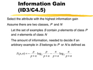 Information Gain
(ID3/C4.5)
Select the attribute with the highest information gain
Assume there are two classes, P and N
Let the set of examples S contain p elements of class P
and n elements of class N
The amount of information, needed to decide if an
arbitrary example in S belongs to P or N is defined as
np
n
np
n
np
p
np
p
npI
++
−
++
−= 22 loglog),(
 