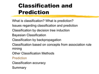 Classification and
Prediction
What is classification? What is prediction?
Issues regarding classification and prediction
Classification by decision tree induction
Bayesian Classification
Classification by backpropagation
Classification based on concepts from association rule
mining
Other Classification Methods
Prediction
Classification accuracy
Summary
 