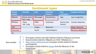 Enrichment types
• Newspaper articles and radio bulletins linked to Polygoon newsreels
• Named entities linked to DBpedia (and Wikidata, VIAF etc.)
• Place-street combinations in newspaper articles linked to latitude
and longitude
• Newspaper articles linked to images from the Memory of the
Netherlands
Named
entities
Geodata Links Extracted
features
User
annotation
Image enrichment
DBpedia Street, place,
latt., long.
Web pages Classification Tags Face recognition
Wikidata Place,
latt., long.
Video Sentiment Stories (oral
history)
Emotion detection
VIAF Images Relevance Object detection
Geonames Sound Interestingness Structure detection
Etc.
Now available
T. v. Veen and J. Lonij, Semantics 2017
 