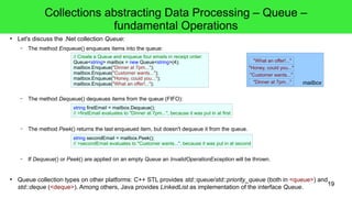 19 
Collections abstracting Data Processing – Queue – 
fundamental Operations 
● Let's discuss the .Net collection Queue: 
– The method Enqueue() enqueues items into the queue: 
// Create a Queue and enqueue four emails in receipt order: 
Queue<string> mailbox = new Queue<string>(4); 
mailbox.Enqueue("Dinner at 7pm..."); 
mailbox.Enqueue("Customer wants..."); 
mailbox.Enqueue("Honey, could you..."); 
mailbox.Enqueue("What an offer!..."); 
– The method Dequeue() dequeues items from the queue (FIFO): 
string firstEmail = mailbox.Dequeue(); 
// >firstEmail evaluates to "Dinner at 7pm...", because it was put in at first 
– The method Peek() returns the last enqueued item, but doesn't dequeue it from the queue. 
"What an offer!..." 
"Honey, could you..." 
"Customer wants..." 
string secondEmail = mailbox.Peek(); 
// >secondEmail evaluates to "Customer wants...", because it was put in at second 
"Dinner at 7pm..." 
– If Dequeue() or Peek() are applied on an empty Queue an InvalidOperationException will be thrown. 
mailbox 
● Queue collection types on other platforms: C++ STL provides std::queue/std::priority_queue (both in <queue>) and 
std::deque (<deque>). Among others, Java provides LinkedList as implementation of the interface Queue. 
 