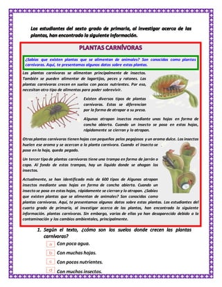 ¿Sabías que existen plantas que se alimentan de animales? Son conocidas como plantas
carnívoras. Aquí, te presentamos algunos datos sobre estas plantas.
Las plantas carnívoras se alimentan principalmente de insectos.
También se pueden alimentar de lagartijas, peces y ratones. Las
plantas carnívoras crecen en suelos con pocos nutrientes. Por eso,
necesitan otro tipo de alimentos para poder sobrevivir.
Existen diversos tipos de plantas
carnívoras. Estas se diferencian
por la forma de atrapar a su presa.
Algunas atrapan insectos mediante unas hojas en forma de
concha abierta. Cuando un insecto se posa en estas hojas,
rápidamente se cierran y lo atrapan.
Otras plantas carnívoras tienen hojas con pequeños pelos pegajosos y un aroma dulce. Los insectos
huelen ese aroma y se acercan a la planta carnívora. Cuando el insecto se
posa en la hoja, queda pegado.
Un tercer tipo de plantas carnívoras tiene una trampa en forma de jarrón o
copa. Al fondo de estas trampas, hay un líquido donde se ahogan los
insectos.
Actualmente, se han identificado más de 600 tipos de Algunas atrapan
insectos mediante unas hojas en forma de concha abierta. Cuando un
insecto se posa en estas hojas, rápidamente se cierran y lo atrapan. ¿Sabías
que existen plantas que se alimentan de animales? Son conocidas como
plantas carnívoras. Aquí, te presentamos algunos datos sobre estas plantas. Los estudiantes del
cuarto grado de primaria, al investigar acerca de las plantas, han encontrado la siguiente
información. plantas carnívoras. Sin embargo, varias de ellas ya han desaparecido debido a la
contaminación y los cambios ambientales, principalmente.
Con poca agua.
Con muchas hojas.
Con pocos nutrientes.
Con muchos insectos.
 