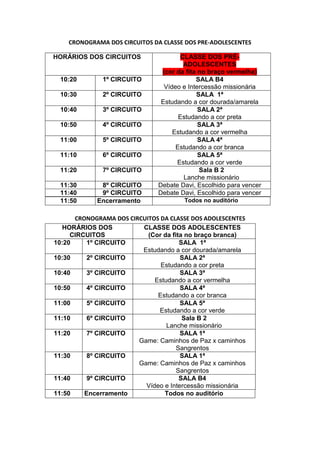 CRONOGRAMA DOS CIRCUITOS DA CLASSE DOS PRE-ADOLESCENTES

HORÁRIOS DOS CIRCUITOS                 CLASSE DOS PRÉ-
                                        ADOLESCENTES
                                (cor da fita no braço vermelha)
 10:20        1º CIRCUITO                   SALA B4
                                 Vídeo e Intercessão missionária
 10:30        2º CIRCUITO                   SALA 1ª
                                Estudando a cor dourada/amarela
 10:40        3º CIRCUITO                    SALA 2ª
                                      Estudando a cor preta
 10:50        4º CIRCUITO                    SALA 3ª
                                    Estudando a cor vermelha
 11:00        5º CIRCUITO                    SALA 4ª
                                     Estudando a cor branca
 11:10        6º CIRCUITO                    SALA 5ª
                                     Estudando a cor verde
 11:20        7º CIRCUITO                    Sala B 2
                                        Lanche missionário
 11:30       8º CIRCUITO       Debate Davi, Escolhido para vencer
 11:40       9º CIRCUITO       Debate Davi, Escolhido para vencer
 11:50      Encerramento               Todos no auditório


      CRONOGRAMA DOS CIRCUITOS DA CLASSE DOS ADOLESCENTES
  HORÁRIOS DOS           CLASSE DOS ADOLESCENTES
     CIRCUITOS             (Cor da fita no braço branca)
10:20     1º CIRCUITO                 SALA 1ª
                         Estudando a cor dourada/amarela
10:30     2º CIRCUITO                 SALA 2ª
                               Estudando a cor preta
10:40     3º CIRCUITO                 SALA 3ª
                             Estudando a cor vermelha
10:50     4º CIRCUITO                 SALA 4ª
                              Estudando a cor branca
11:00     5º CIRCUITO                 SALA 5ª
                              Estudando a cor verde
11:10     6º CIRCUITO                  Sala B 2
                                 Lanche missionário
11:20     7º CIRCUITO                 SALA 1ª
                        Game: Caminhos de Paz x caminhos
                                     Sangrentos
11:30     8º CIRCUITO                 SALA 1ª
                        Game: Caminhos de Paz x caminhos
                                     Sangrentos
11:40     9º CIRCUITO                 SALA B4
                          Vídeo e Intercessão missionária
11:50    Encerramento           Todos no auditório
 