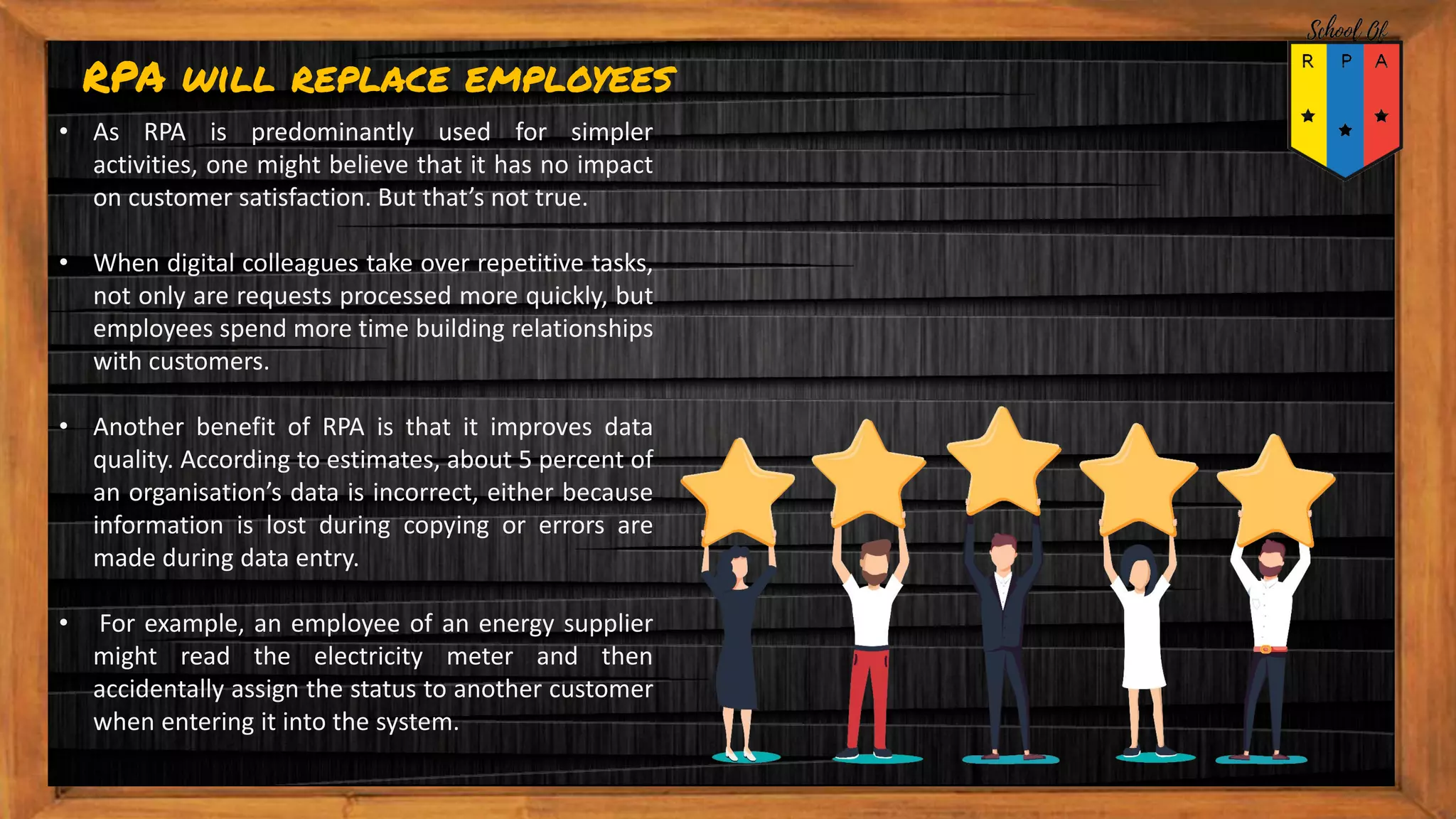 RPA will replace employees
• As RPA is predominantly used for simpler
activities, one might believe that it has no impact
on customer satisfaction. But that’s not true.
• When digital colleagues take over repetitive tasks,
not only are requests processed more quickly, but
employees spend more time building relationships
with customers.
• Another benefit of RPA is that it improves data
quality. According to estimates, about 5 percent of
an organisation’s data is incorrect, either because
information is lost during copying or errors are
made during data entry.
• For example, an employee of an energy supplier
might read the electricity meter and then
accidentally assign the status to another customer
when entering it into the system.
 