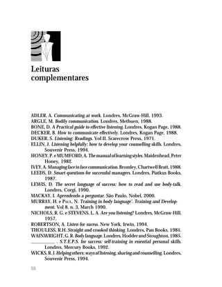 Leitura adicional




Leituras
complementares



ADLER, A. Communicating at work. Londres, McGraw-Hill, 1993.
ARGLE, M. Bodily communication. Londres, Methuen, 1988.
BONE, D. A Practical guide to effective listening. Londres, Kogan Page, 1988.
DECKER, B. How to communicate effectively. Londres, Kogan Page, 1988.
DUKER, S. Listening: Readings. Vol II. Scarecrow Press, 1971.
ELLIN, J. Listening helpfully: how to develop your counselling skills. Londres,
       Souvenir Press, 1994.
HONEY, P. e MUMFORD, A. The manual of learning styles. Maidenhead, Peter
       Honey, 1982.
IVEY, A. Managing face to face communication. Bromley, Chartwell Bratt, 1988.
LEEDS, D. Smart questions for successful managers. Londres, Piatkus Books,
       1987.
LEWIS, D. The secret language of success: how to read and use body-talk.
       Londres, Corgi, 1990.
MACKAY, I. Aprendendo a perguntar. São Paulo, Nobel, 2000.
MURRAY, H. e PAUL, N. Training in body language’. Training and Develop-
       ment. Vol 8, n. 3, March 1990.
NICHOLS, R. G. e STEVENS, L. A. Are you listening? Londres, McGraw-Hill,
       1957.
ROBERTSON, A. Listen for sucess. New York, Irwin, 1994.
THOULESS, R.H. Straight and crooked thinking. Londres, Pan Books, 1981.
WAINWRIGHT, G. R. Body language. Londres, Hodder and Stoughton, 1985.
             . S.T.E.P.S. for success: self-training in essential personal skills.
       Londres, Mercury Books, 1992.
WICKS, R. J. Helping others: ways of listening, sharing and counselling. Londres,
       Souvenir Press, 1994.

56
 