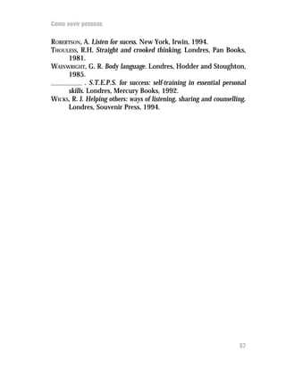 Como ouvir pessoas

ROBERTSON, A. Listen for sucess. New York, Irwin, 1994.
THOULESS, R.H. Straight and crooked thinking. Londres, Pan Books,
     1981.
WAINWRIGHT, G. R. Body language. Londres, Hodder and Stoughton,
     1985.
             . S.T.E.P.S. for success: self-training in essential personal
     skills. Londres, Mercury Books, 1992.
WICKS, R. J. Helping others: ways of listening, sharing and counselling.
     Londres, Souvenir Press, 1994.




                                                                       57
 