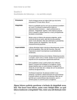 Como tornar-se um líder

Quadro 2
Qualidades de liderança — no sentido amplo


 Entusiasmo         Você consegue pensar em algum líder que não tenha
                    entusiasmo? É muito difícil, não é?

 Integridade        Essa é a qualidade que faz com que as pessoas acreditem
                    em você. E confiança é essencial em todos os
                    relacionamentos humanos — sejam profissionais ou
                    pessoais. “Integridade” significa tanto inteireza pessoal
                    como a adesão a valores externos a você, principalmente
                    bondade e sinceridade.

 Firmeza            Muitas vezes os líderes são pessoas exigentes, sendo
                    incômodo tê-los por perto, pelo fato de seus padrões
                    serem muito elevados. Eles são obstinados e persistentes.
                    Líderes querem ser respeitados, mas não são
                    necessariamente populares.

 Imparcialidade     Líderes eficientes tratam indivíduos diferentemente, porém
                    de forma igualitária. Eles não têm favoritos. Eles são
                    imparciais ao darem recompensas ou penalidade pelo
                    rendimento.

 Zelo               A insensibilidade não leva a bons líderes. A liderança envolve
                    o coração, assim como a mente. Gostar do que você faz e
                    importar-se com as pessoas é igualmente essencial.

                    Uma qualidade curiosa, porém própria dos melhores
 Humildade          líderes. O oposto da humildade é a arrogância. Quem
                    deseja trabalhar para um administrador arrogante? Os
                    sinais de um bom líder são o desejo de ouvir as pessoas e
                    ausência de egocentrismo.

                    Confiança é essencial. As pessoas sentem a sua
 Confiança          presença, e portanto o desenvolvimento de autoconfiança
                    é sempre anterior ao exercício da liderança. Mas não se
                    permita que a autoconfiança seja excessiva, que é o
                    primeiro passo no caminho para a arrogância.



Alguns leitores poderão questionar a inclusão da integridade nessa
lista. Não houve bons líderes, assim como Adolph Hitler, ao qual
faltava totalmente a integridade? Sim, existe uma útil distinção entre
12
 