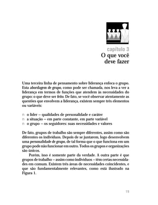 O que você deve fazer




                                                      capítulo 3
                                                  O que você
                                                   deve fazer


Uma terceira linha de pensamento sobre liderança enfoca o grupo.
Esta abordagem de grupo, como pode ser chamada, nos leva a ver a
liderança em termos de funções que atendem às necessidades do
grupo: o que deve ser feito. De fato, se você observar atentamente as
questões que envolvem a liderança, existem sempre três elementos
ou variáveis:

n o líder — qualidades de personalidade e caráter
n a situação — em parte constante, em parte variável
n o grupo — os seguidores: suas necessidades e valores

De fato, grupos de trabalho são sempre diferentes, assim como são
diferentes os indivíduos. Depois de se juntarem, logo desenvolvem
uma personalidade de grupo, de tal forma que o que funciona em um
grupo pode não funcionar em outro. Todos os grupos e organizações
são únicos.
     Porém, isso é somente parte da verdade. A outra parte é que
grupos de trabalho — assim como indivíduos — têm certas necessida-
des em comum. Existem três áreas de necessidades coincidentes, e
que são fundamentalmente relevantes, como está ilustrado na
Figura 1.



                                                                  19
 