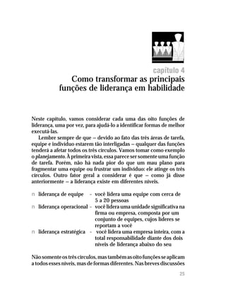 Como transformar as principais funções de liderança em habilidade




                                                        capítulo 4
               Como transformar as principais
            funções de liderança em habilidade


Neste capítulo, vamos considerar cada uma das oito funções de
liderança, uma por vez, para ajudá-lo a identificar formas de melhor
executá-las.
   Lembre sempre de que — devido ao fato das três áreas de tarefa,
equipe e indivíduo estarem tão interligadas — qualquer das funções
tenderá a afetar todos os três círculos. Vamos tomar como exemplo
o planejamento. À primeira vista, essa parece ser somente uma função
de tarefa. Porém, não há nada pior do que um mau plano para
fragmentar uma equipe ou frustrar um indivíduo: ele atinge os três
círculos. Outro fator geral a considerar é que — como já disse
anteriormente — a liderança existe em diferentes níveis.

n liderança de equipe   – você lidera uma equipe com cerca de
                          5 a 20 pessoas
n liderança operacional – você lidera uma unidade significativa na
                          firma ou empresa, composta por um
                          conjunto de equipes, cujos líderes se
                          reportam a você
n liderança estratégica – você lidera uma empresa inteira, com a
                          total responsabilidade diante dos dois
                          níveis de liderança abaixo do seu

Não somente os três círculos, mas também as oito funções se aplicam
a todos esses níveis, mas de formas diferentes. Nas breves discussões
                                                                    25
 