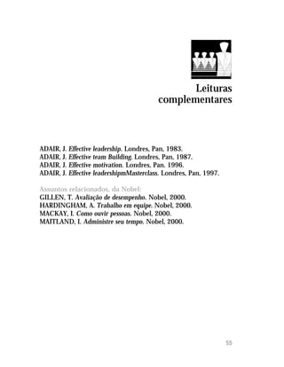 Leituras
                                         complementares



ADAIR, J. Effective leadership. Londres, Pan, 1983.
ADAIR, J. Effective team Building. Londres, Pan, 1987.
ADAIR, J. Effective motivation. Londres, Pan. 1996.
ADAIR, J. Effective leadershipmMasterclass. Londres, Pan, 1997.

Assuntos relacionados, da Nobel:
GILLEN, T. Avaliação de desempenho. Nobel, 2000.
HARDINGHAM, A. Trabalho em equipe. Nobel, 2000.
MACKAY, I. Como ouvir pessoas. Nobel, 2000.
MAITLAND, I. Administre seu tempo. Nobel, 2000.




                                                                  ##
 