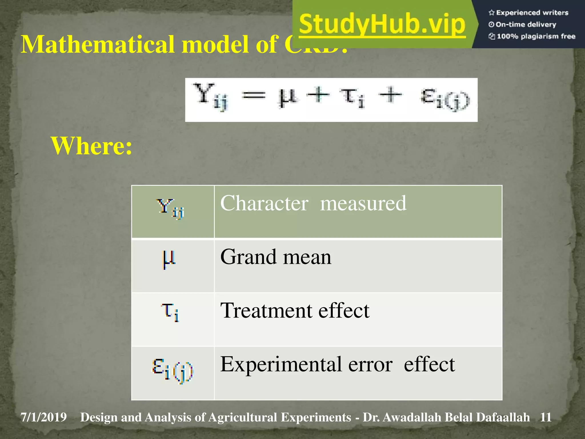 7/1/2019 11
Design and Analysis of Agricultural Experiments - Dr. Awadallah Belal Dafaallah
Mathematical model of CRD:
Where:
Character measured
Grand mean
Treatment effect
Experimental error effect
 