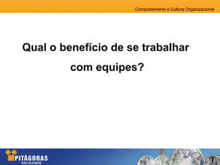 Comportamento e Cultura Organizacional
Qual o benefício de se trabalhar
com equipes?
 