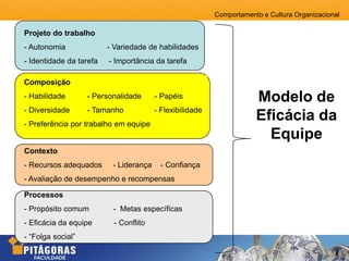 Comportamento e Cultura Organizacional
Projeto do trabalho
- Autonomia - Variedade de habilidades
- Identidade da tarefa - Importância da tarefa
Composição
- Habilidade - Personalidade - Papéis
- Diversidade - Tamanho - Flexibilidade
- Preferência por trabalho em equipe
Contexto
- Recursos adequados - Liderança - Confiança
- Avaliação de desempenho e recompensas
Processos
- Propósito comum - Metas específicas
- Eficácia da equipe - Conflito
- “Folga social”
Modelo de
Eficácia da
Equipe
 