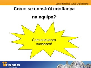 Comportamento e Cultura Organizacional
Como se constrói confiança
na equipe?
Com pequenos
sucessos!
 