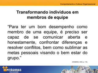 Comportamento e Cultura Organizacional
Transformando indivíduos em
membros de equipe
“Para ter um bom desempenho como
membro de uma equipe, é preciso ser
capaz de se comunicar aberta e
honestamente, confrontar diferenças e
resolver conflitos, bem como sublimar as
metas pessoais visando o bem estar do
grupo.”
(ROBBINS, 2004, p. 116)
 