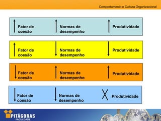 Comportamento e Cultura Organizacional
Fator de
coesão
Normas de
desempenho
Produtividade
Fator de
coesão
Normas de
desempenho
Produtividade
Fator de
coesão
Normas de
desempenho
Produtividade
Fator de
coesão
Normas de
desempenho
Produtividade
 
