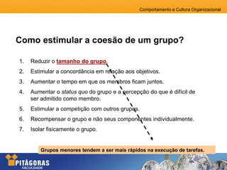 Comportamento e Cultura Organizacional
Como estimular a coesão de um grupo?
1. Reduzir o tamanho do grupo.
2. Estimular a concordância em relação aos objetivos.
3. Aumentar o tempo em que os membros ficam juntos.
4. Aumentar o status quo do grupo e a percepção do que é difícil de
ser admitido como membro.
5. Estimular a competição com outros grupos.
6. Recompensar o grupo e não seus componentes individualmente.
7. Isolar fisicamente o grupo.
Grupos menores tendem a ser mais rápidos na execução de tarefas.
 